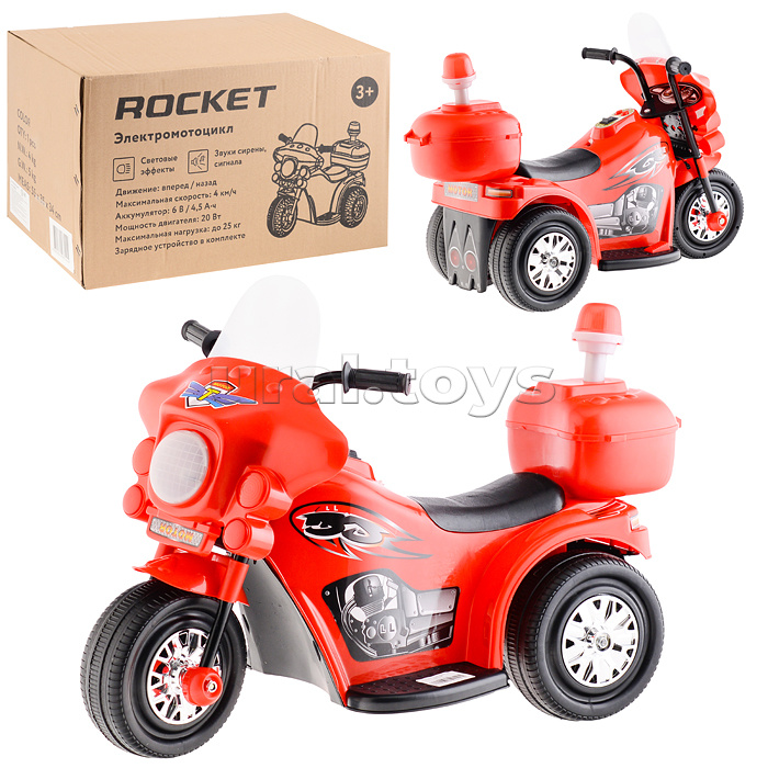 Детский электромотоцикл ROCKET«Мотоцикл шерифа» ,1 мотор 20 ВТ, красный