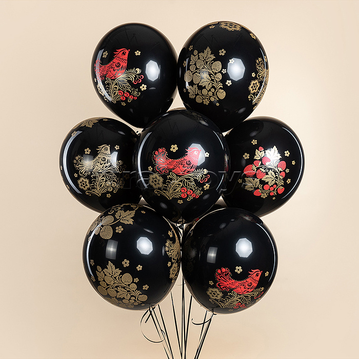 Шар (12''/30 см) Хохлома, Черный, пастель, 5 ст, 25 шт.