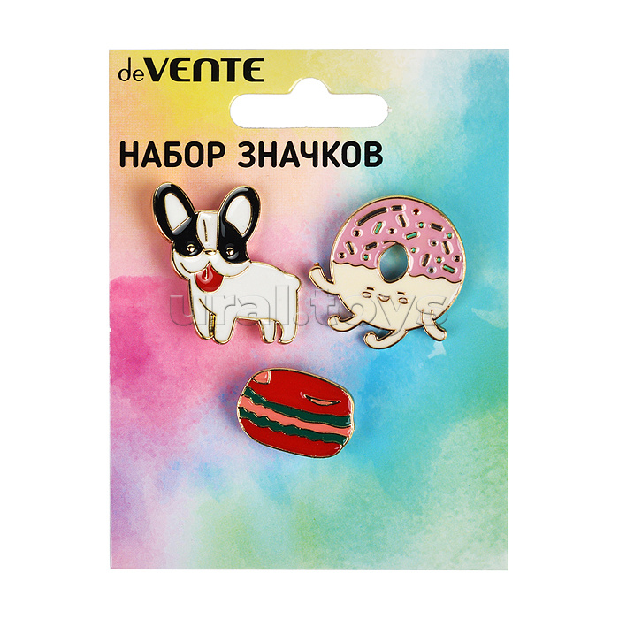 Набор значков "Music Dog" эмалированные, размер изделий: собака 2,2x2,4 см, пончик 2,4x2,6 см, макарун 2,1x1,5 см на карточке 7,0x9,5 см с пластиковым пакетом Набор значков "Music Dog" эмалированные, размер изделий: собака 2,2x2,4 см, пончик 2,4x2,6 см, макарун 2,1x1,5 см на карточке 7,0x9,5 см с пластиковым пакетом
