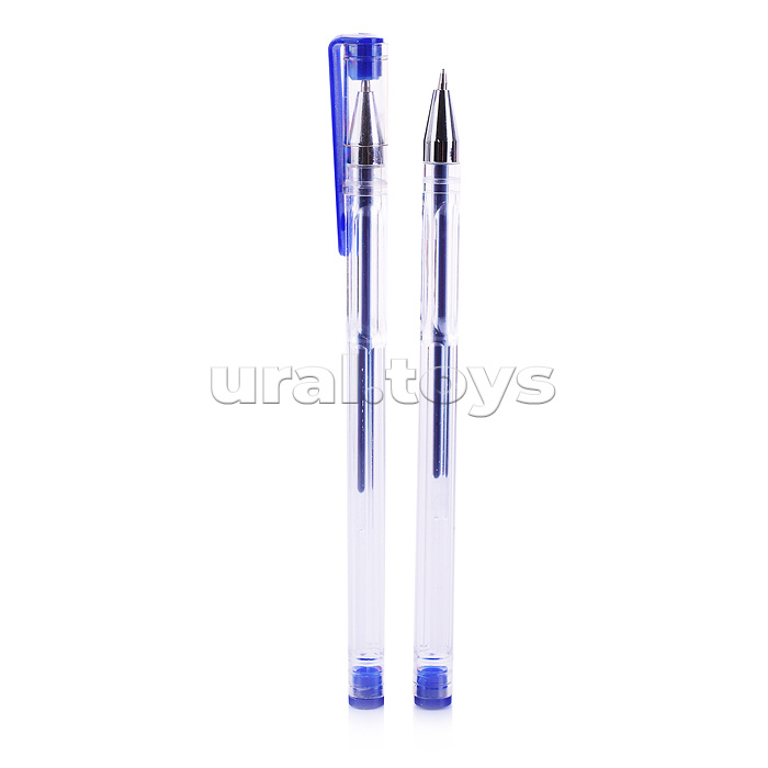 Ручка гелевая синяя "PLASMA" с металлическим наконечником 0,7 мм. в прозрачном корпусе, клип в цвет чернил