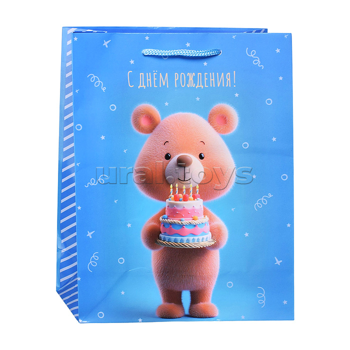 Пакет подарочный с глянцевой ламинацией 18х23x8 см (M) Мишка с тортиком 128 г (собс.разр.)