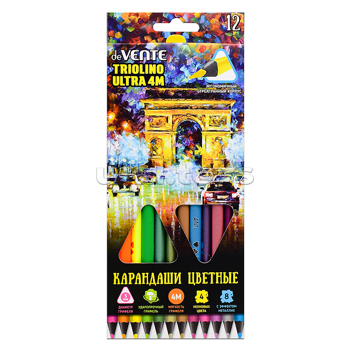 Карандаши цветные "Triolino Ultra 4М. Neon-metallic" 12 цветов (4 неон + 8 металлик) для рисования на черной бумаге, 3М, диаметр грифеля 3 мм, трёхгранные, цветной корпус, в картонной коробке Карандаши цветные "Triolino Ultra 4М. Neon-metallic" 12 цветов (4 неон + 8 металлик) для рисования на черной бумаге, 3М, диаметр грифеля 3 мм, трёхгранные, цветной корпус, в картонной коробке