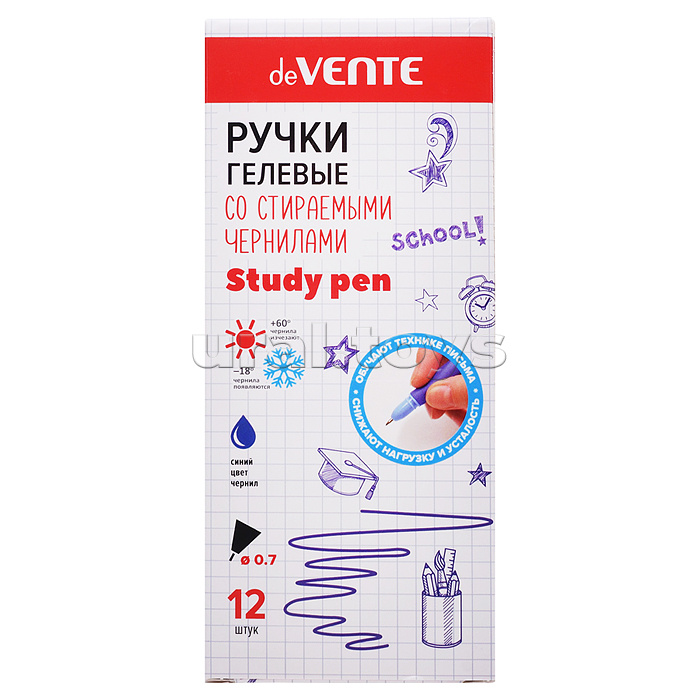 Ручка гелевая стираемая "Study Pen. School" d=0,7 мм, корпус ассорти 3 цвета с покрытием Velvet Touch, с эргономичным каучуковым держателем, с ластиком, колпачок с ушками, сменный стержень, индивидуальная маркировка, синяя
