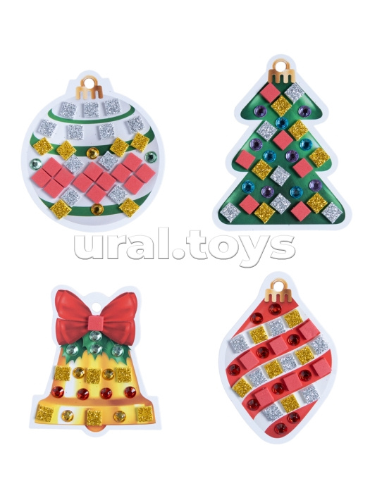 Набор для творчества. Аппликация "Ёлочные украшения" 4 шт (3 цв, 150 эл, стразы 91 шт) 1 конверт