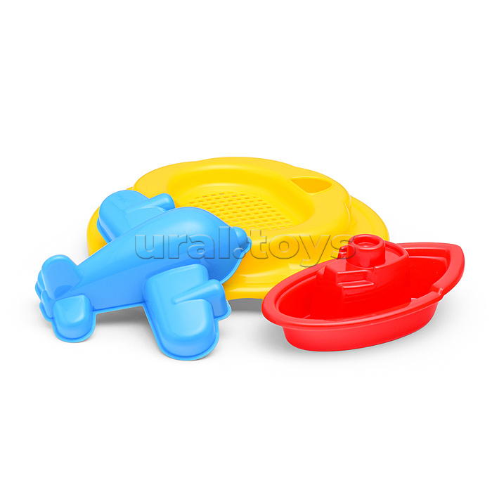 Набор Disney «Микки и Весёлые гонки» №12: ведро с наклейкой, ситечко "Солнышко", лопатка №5, грабельки №5, формочка (самолёт), кораблик "Юнга", лейка №10