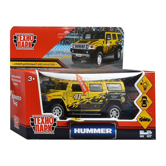 Машина металл Hummer H2 Спорт 12 см, (свет-звук, двер, баг, желтый) инерц., в коробке