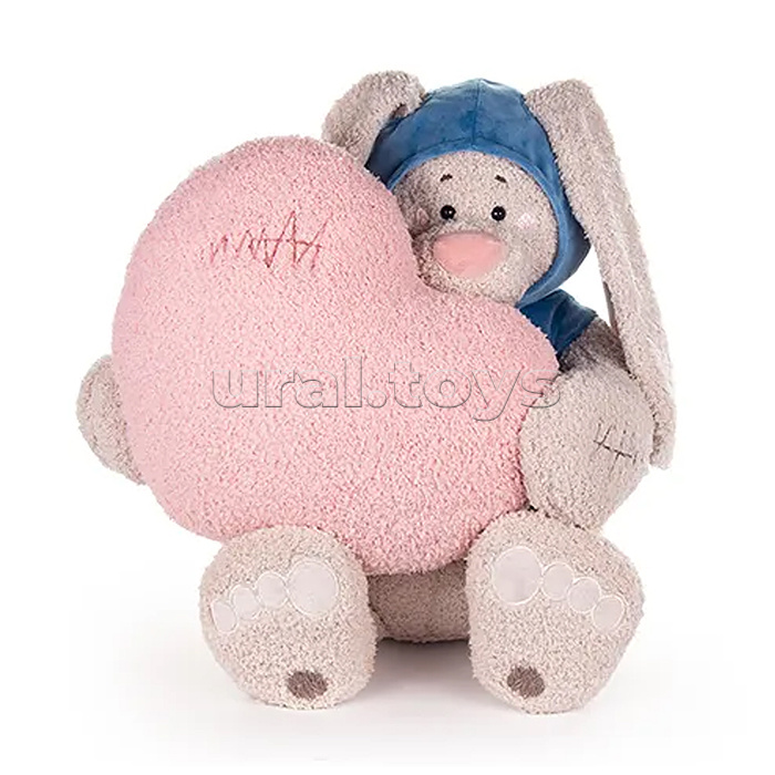 Заяц Вито в т.бирюзовой кофте, с сердцем подушкой пудр., 37см