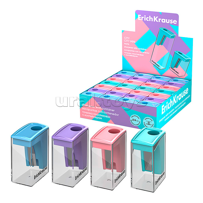 Точилка пластиковая ErichKrause City Mini, Pastel, с контейнером, ассорти