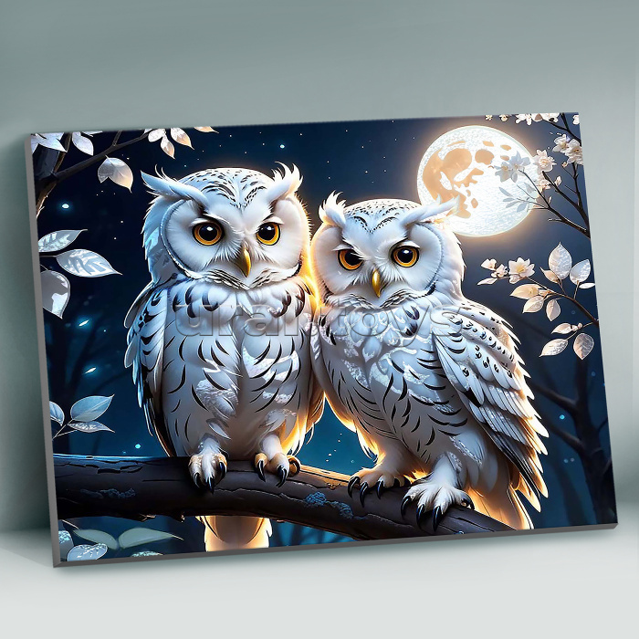 Картина по номерам 40х50 "Совиная пара" с поталью платина (20 цветов)