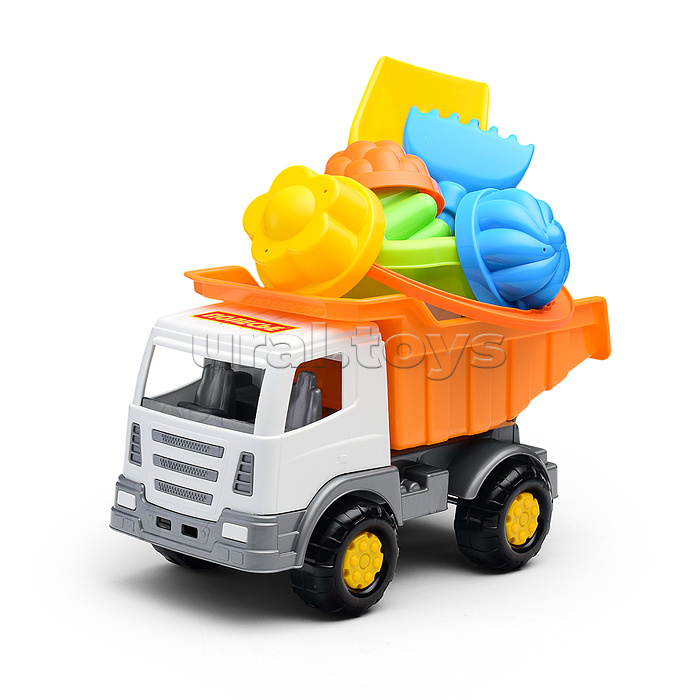 Набор №185: "Мираж", автомобиль-самосвал + ведро-цветок среднее, лопатка №5, грабельки №5, 4 формочки