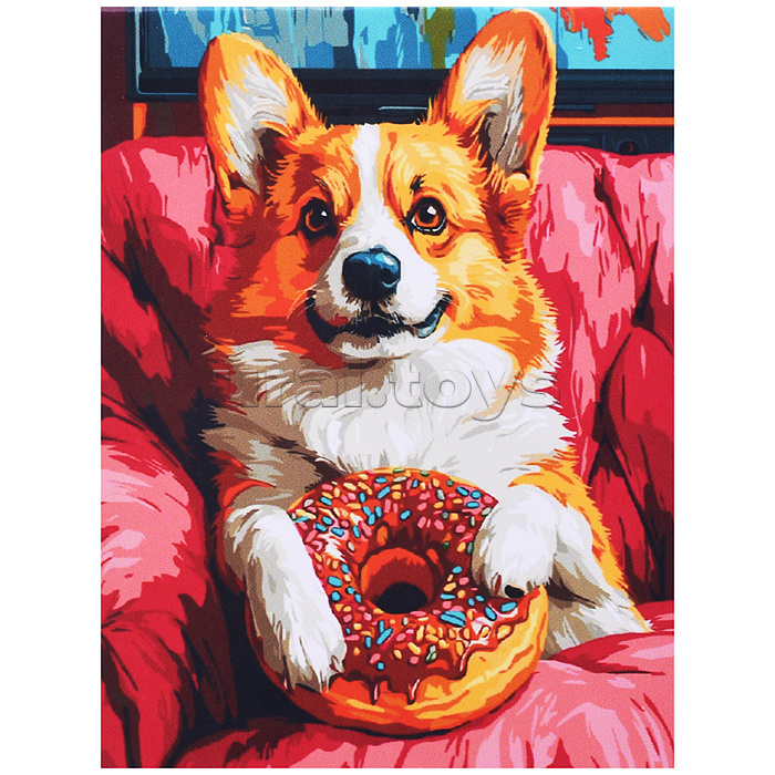 Холст с красками 30x40 по номерам "Пончик для корги" в коробке (30цв.)