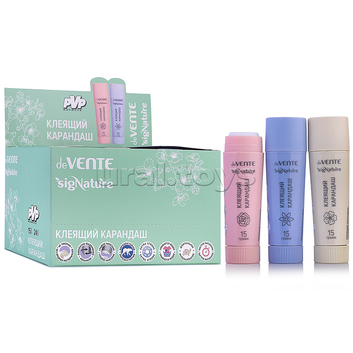 Клеящий карандаш PVP основа "SigNATURE" 15 г, высокой вязкости, в картонном дисплее с пластиковым поддоном, ассорти 3 цвета корпуса