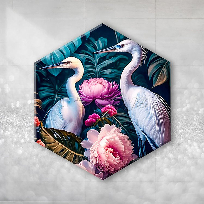 Картина по номерам 37х32 "Розовые цапли" Гексагон чёрный холст, с крист. из хрусталя (23 цвета)