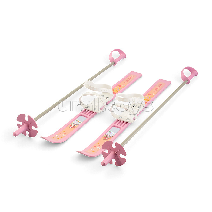 Лыжи детские ROCKET SKI MINI Единорожка 66/75 см, крепление мягкое пластиковое, с палками стеклопластик (в сетке)