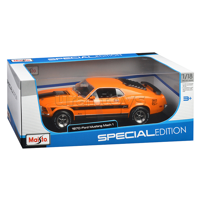 Машинка die-cast 1970 Ford Mustang Mach 1, 1:18,  оранжевая с принтом, открывающиеся двери