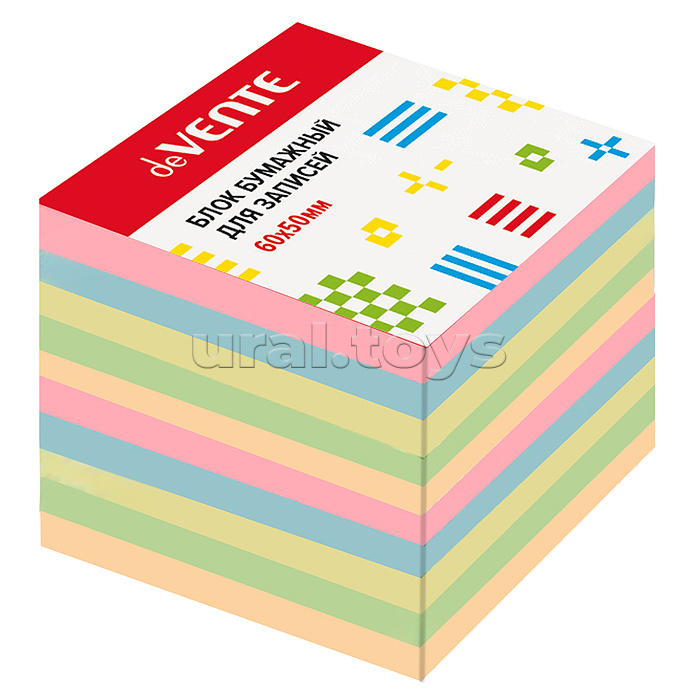 Куб бумажный для записей 60x50x40 мм цветной, проклеенный, офсет 80 г/м², 5 пастельных цветов, 10 слоев