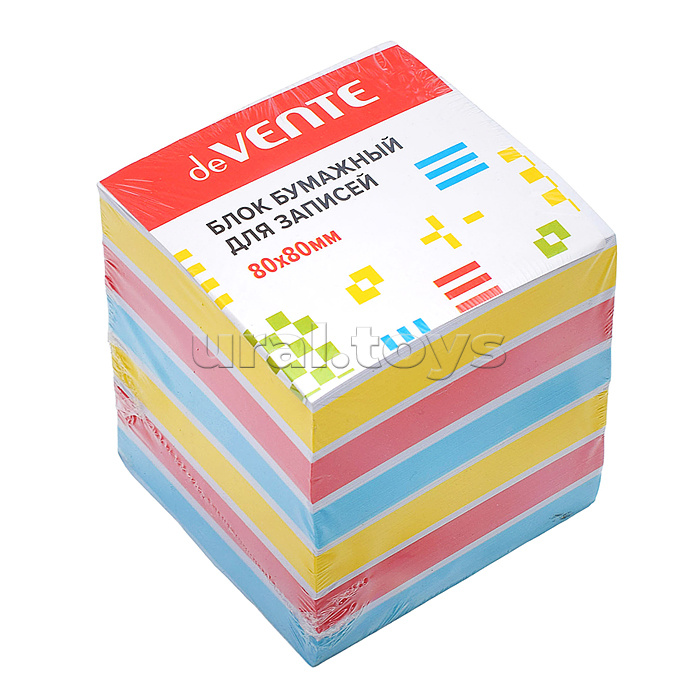 Куб бумажный для записей 80x80x80 мм цветной, проклеенный, офсет 80 г/м², 3 интенсивных цвета и белый цвет, 11 слоев