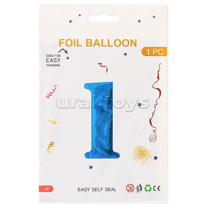 Шар (40''/102 см) Цифра, 1, Синий, Металлик, 1 шт. в уп.