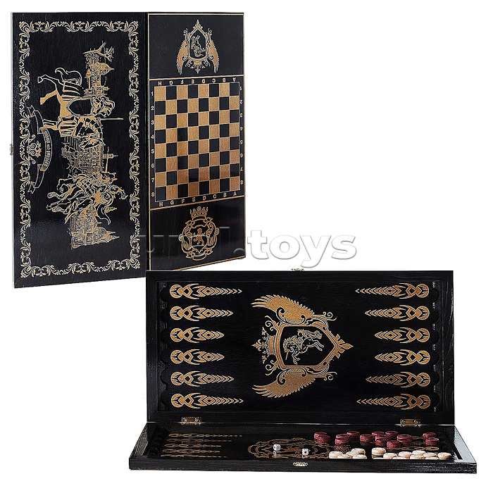 Игра 2в1 большая черная, рисунок золото (нарды, шашки) "Рыцари" (600*300*40)