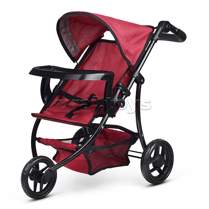 Коляска для кукол 3-колесная, металлическая, прогулочная, с тентом, с корзиной,цвет бордовый, в пакете
