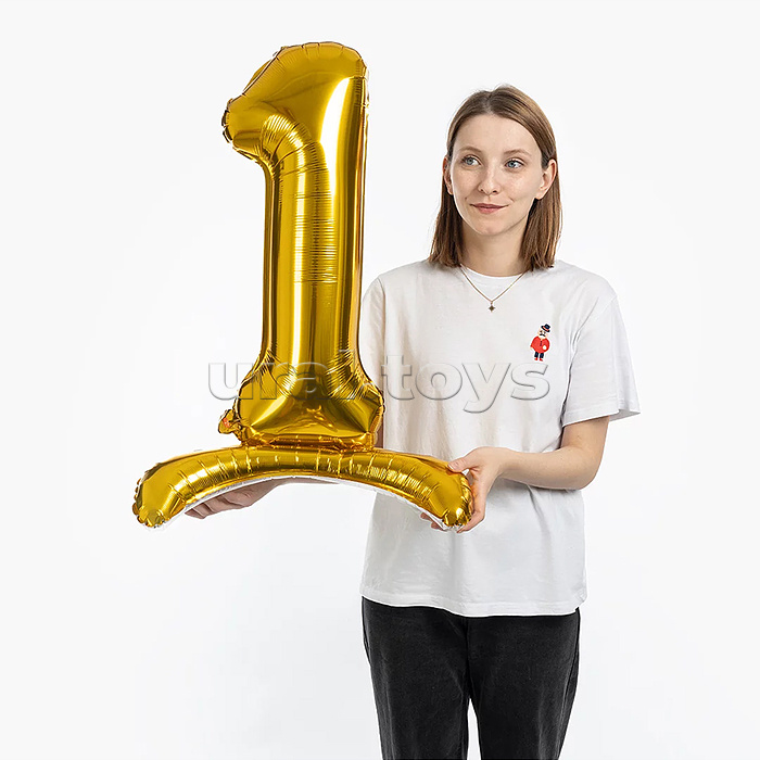 Шар (32''/81 см) Цифра на подставке, 1, Золото, 1 шт. в уп.