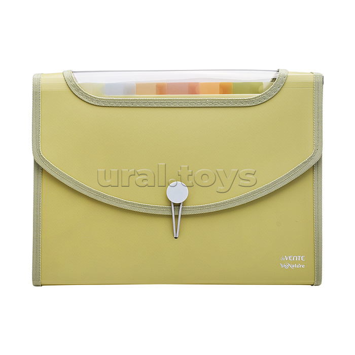 Папка-органайзер с 8-ю отделениями "SigNature" A4 (330x250х50 мм) полипропилен 650 мкм, фактура "ткань" разделители 160 мкм, цветные пастельные, клапан с прозрачным окном на резинке, тканевая кайма, индивидуальная упаковка, оливковая