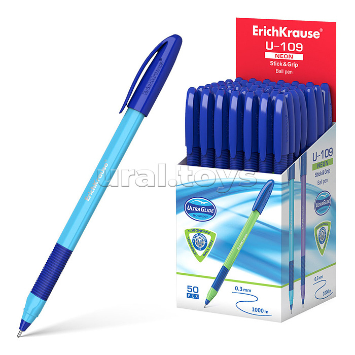 Ручка шариковая U-109 Neon Stick&Grip 1.0, Ultra Glide Technology, цвет чернил синий