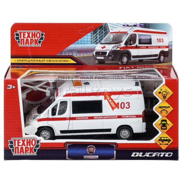Машина металл свет-звук Fiat Ducato Скорая 14 см, двер, инерц, тележ, белая