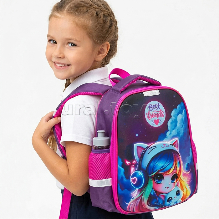 Рюкзак "Optima. Best Friends" школьный жесткий 37x28x18 см (17 л) вес 700 г, плотный износостойкий полиэстер с водоотталкивающей пропиткой, 1 отделение на молнии с разделителями для учебников c фиксатором на липучке, 2 боковых кармана сеткой на резинке, э