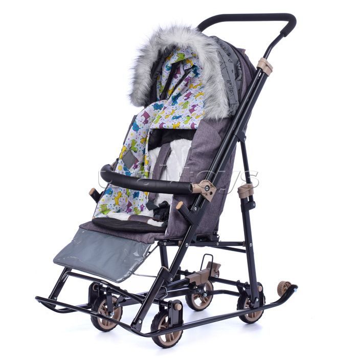 Санки-коляска "Glory gloss" (серо-коричневый) + светоотражающая