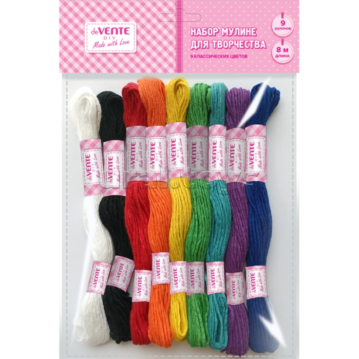Набор ниток для вышивания (мулине) "DIY School ART" хлопковые нити, длина 8 м, 9 рулонов, 9 цветов, в пластиковом пакете с блистерным подвесом
