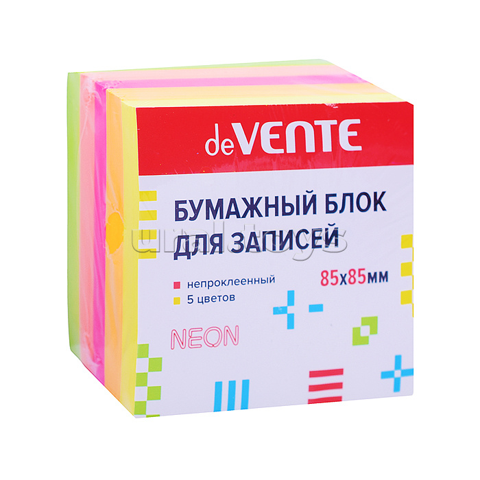 Куб бумажный для записей 85x85 мм, 500 листов, 5 неоновых цветов, непроклеенный