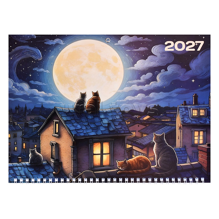 Календарь квартальный на 2027 г. "Коты на крыше" (295x700 мм) на 3-х пружинах, складной с курсором