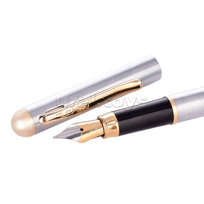 Ручка подарочная перьевая,хром/золото,   0,8 мм, корпус ,в футляре подарочном, со съемной крышкой