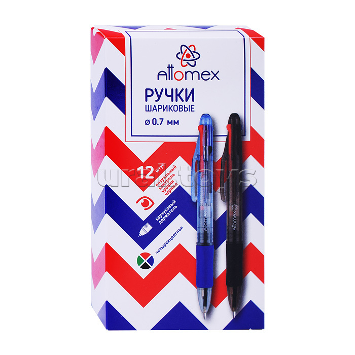 Ручка шариковая автоматическая "Attomex" d=0,7 мм, 4-х цветная (синий, черный, красный, зелёный) полупрозрачный корпус с каучуковым держателем, сменный стержень, индивидуальная маркировка, цвет корпуса ассорти