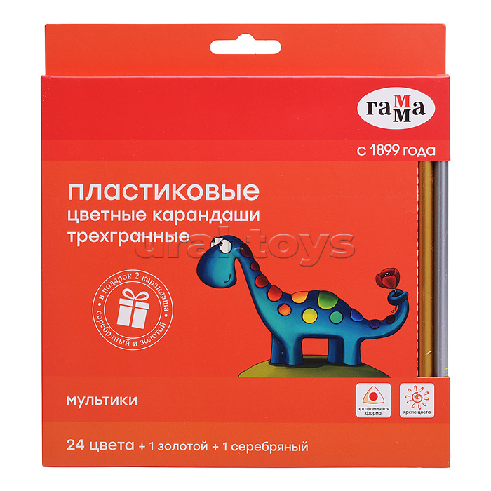 Карандаши цветные "Гамма" 24цв.+1 золотой +1 серебряный, пластиковые, трехгранные, заточенные, европодвес