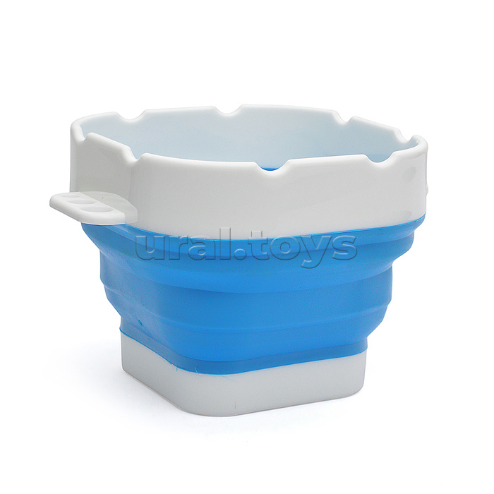 Стакан складной для ИЗО 300 мл, 9,5x9,5x8 см, высота 8 см, в сложенном виде 3 см, силиконовый, с пластиковым бортом, дном и держателями для кистей, голубой с белым