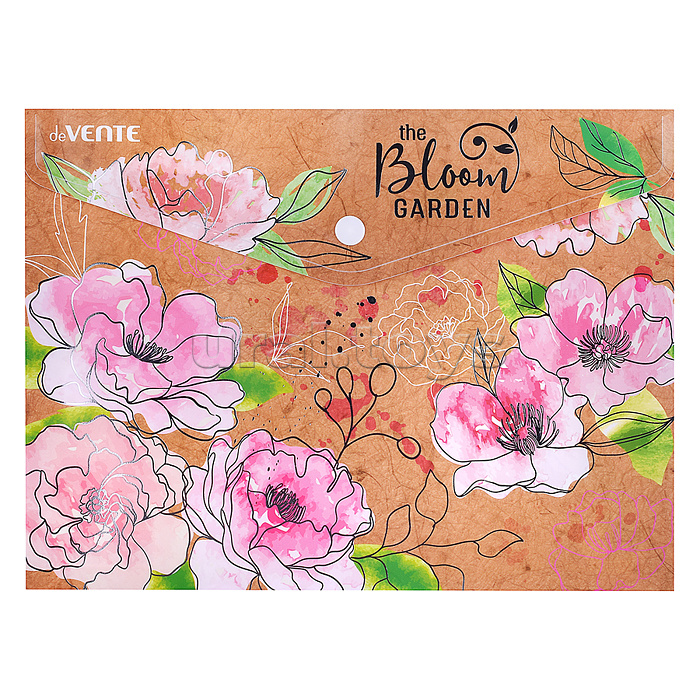 Папка-конверт на кнопке "Bloom Garden" A5 (240x180 мм), 180 мкм, фактура крафт-имитация с рисунком, с тиснением фольгой, индивидуальная маркировка