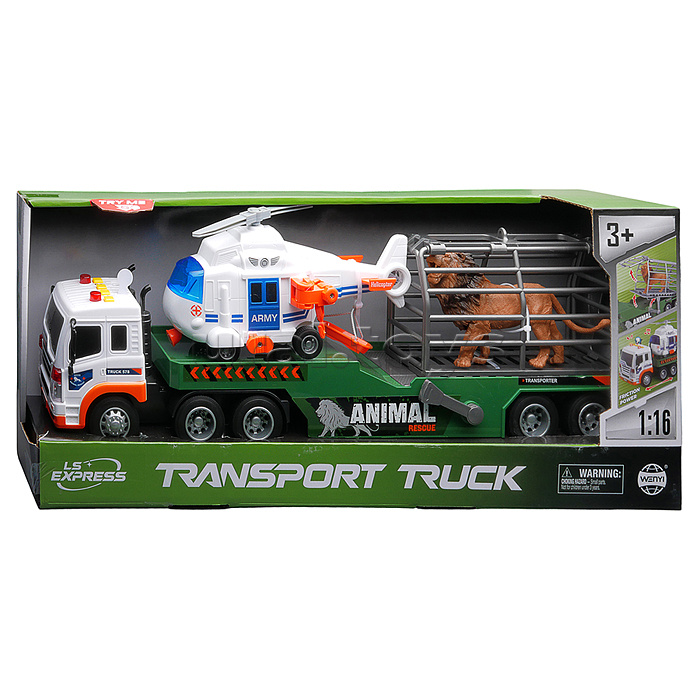 Машина "Длиномер с вертолетом" 1:16 (свет, звук) в коробке