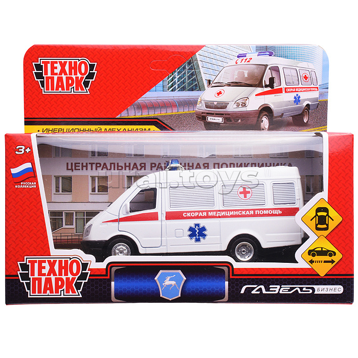 Машина металл ГАЗ -3221 "Газель" Скорая 12,2 см, (двери) инерц, в коробке