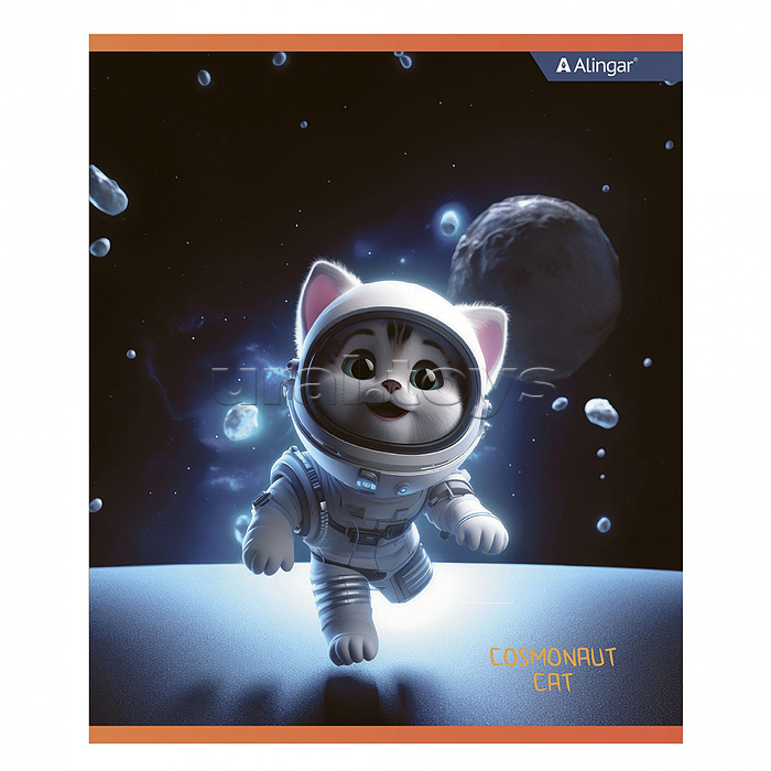 Тетрадь 48л., клетка, "Cosmonaut cat", А5, скрепка, мелованный картон (стандарт), блок офсет, 4 дизайна в пленке т/у