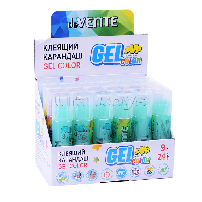 Клеящий карандаш PVP основа "Color Gel" 09 г гелевый цветной полупрозрачный, 4 цвета ассорти (голубой, зеленый, фиолетовый, желтый) в картонном дисплее с пластиковым поддоном