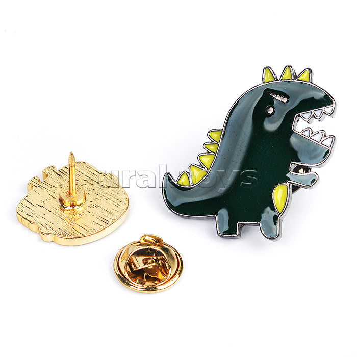 Набор значков "Monster" эмалированные, размер изделий: динозавр 3x3 см, картофель фри 1,5x2,1 см, гамбургер 1,8x1,8 см, напиток 1,3x2,1 см на карточке 7,0x9,5 см с пластиковым пакетом