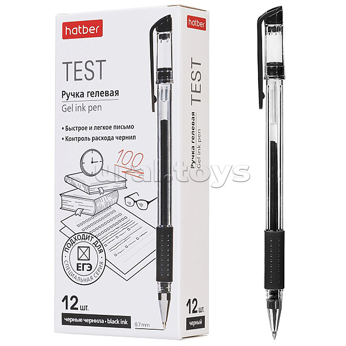Ручка гелевая "Test" черная 0,7мм с резиновым грипом  12 шт. в картонной коробке