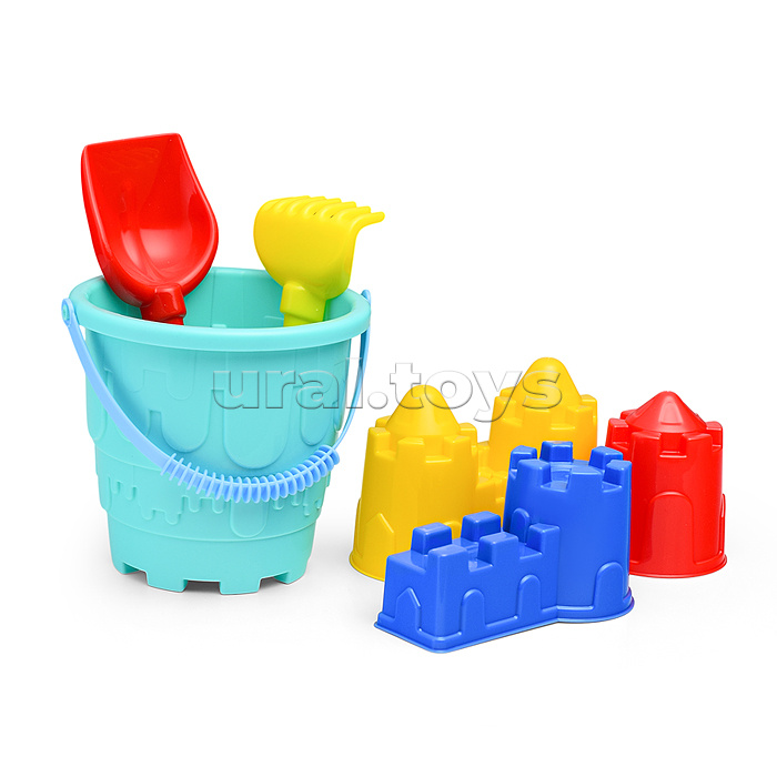 Набор №524: Ведро-замок большое, лопатка №5, грабельки №5, формочки (замок башня + замок стена с двумя башнями + замок мост)