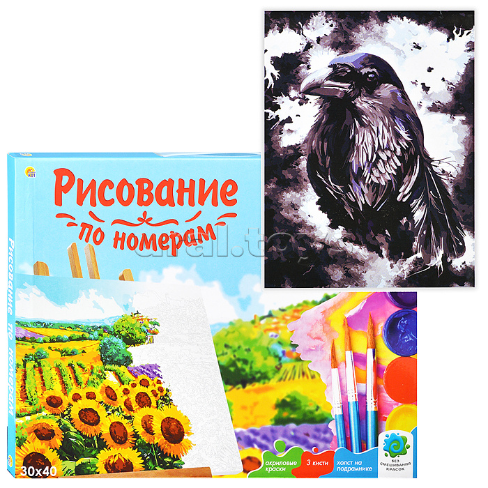 Холст с красками 30х40 по номерам "Мудрый ворон" (17 цв.)