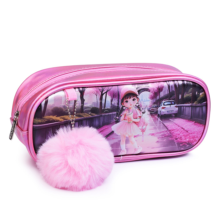 Пенал "Chic City Girls" 22,5x10,5x6,5 см, антивандальная перламутровая искусственная кожа до -40C, отделение на молнии, овальный для 100 предметов, декоративный подвес в виде мехового помпона, розовый