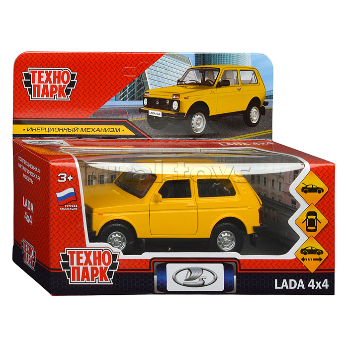 Машина металл LADA 4x4 12 см, (двери, багаж, желтый)инерц, в коробке