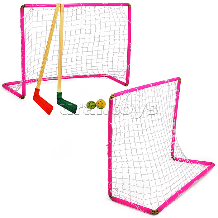 Хоккейный набор с мини воротами для игры дома и на улице. Комплект: 2 клюшки, 2 ворот с сеткой, шайбой, мячик (в коробке)