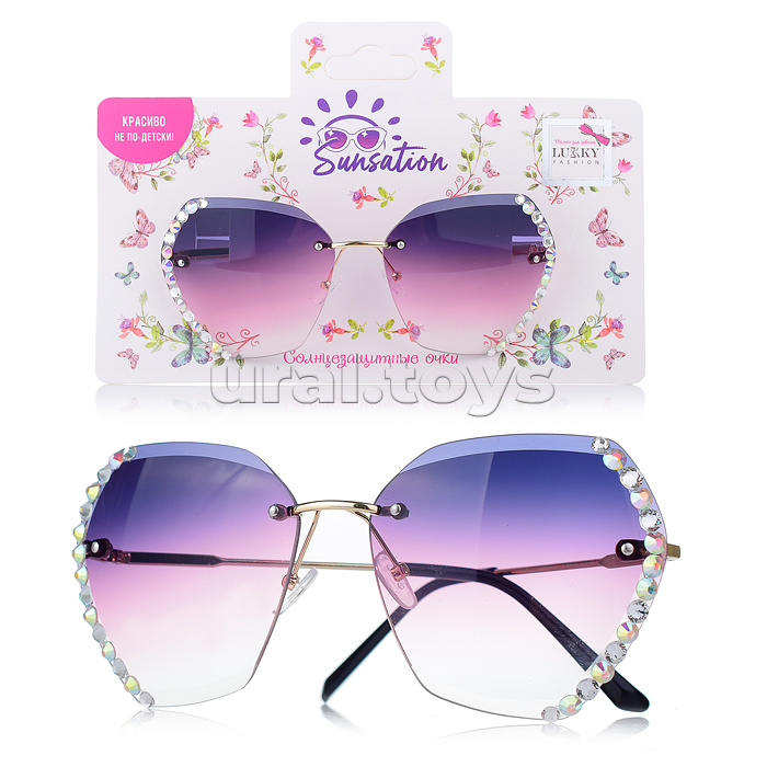 Солнцезащитные очки с декором из страз для подростков и взрослых, фантазийная форма, без оправы, цввет стекол "Фиолетовый хамелеон"